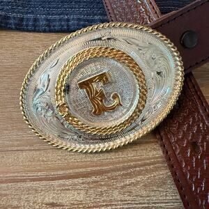 Vintage Western Belt Brown Silver Buckle Initial Letter E Concho 35” Mexico